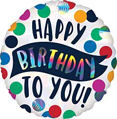 #317 Happy Birthday To You Blue & Rainbow Dots 18in Printed Mylar