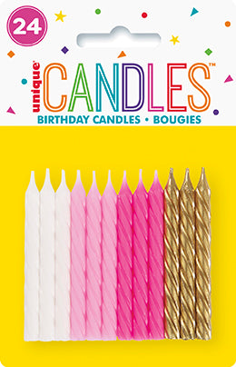 Pink White & Gold Spiral Birthday Candles 24ct