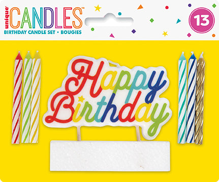 Multi Colored Birthday Candles and Large Happy Birthday Pick Candle 13pc