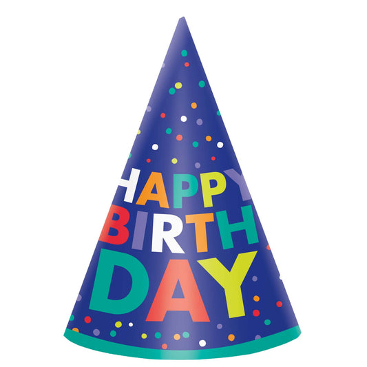 Bold Happy Birthday Cone Hat 8ct