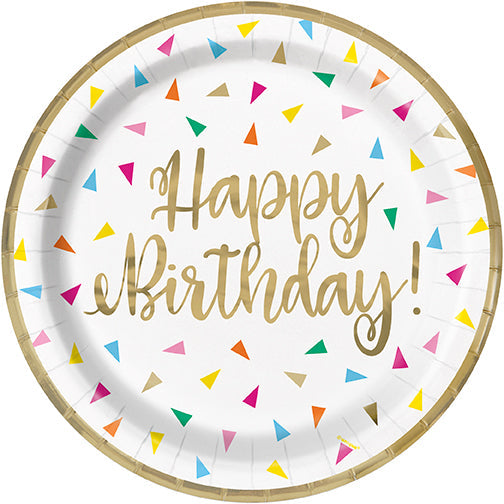 Bright Triangle Birthday Happy Birthday Round 7in Dessert Plates 8ct - Foil Stamping