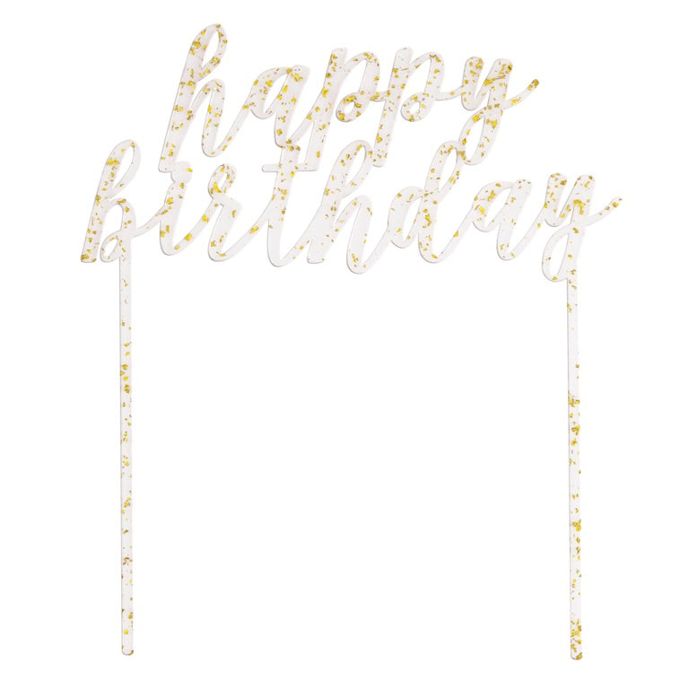 Happy Birthday Clear with Gold Foil Flecks Acrylic Cake Topper