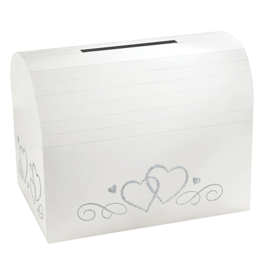 White Card Holder Box with Silver Glitter Hearts