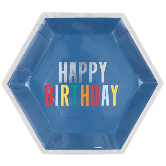 Happy Birthday Dots Hexagon Shaped 9.25 Plates 8ct - Foil Stamping