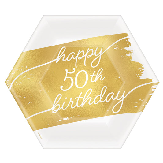 Golden Age Birthday 50th 7in Hexagon Metallic Plates 8ct