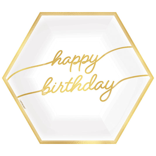 Golden Age Birthday Happy Birthday 9in Hexagon Metallic Plates 8ct