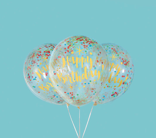 Glitzy Gold Birthday Clear Latex Balloons with Confetti 12in 6ct