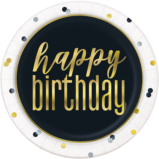 Metallic Happy Birthday Round 9in Dinner Plates 8ct - Foil Stamping